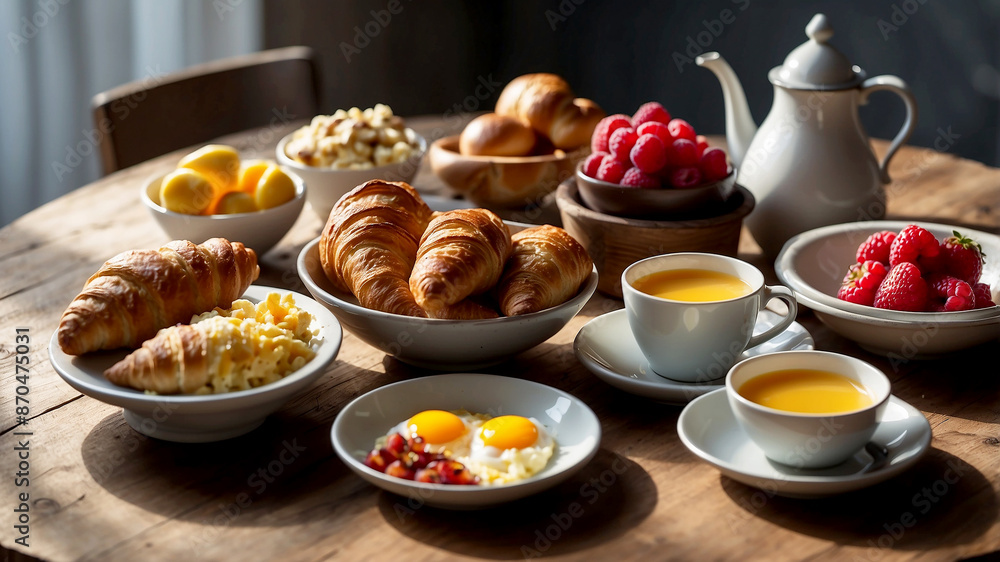 elegant breakfast spread laid out on a rustic wooden table. Include a variety of foods such as freshly baked croissants elegant breakfast spread laid out on a rustic wooden table. Include a variety of foods such as freshly baked croissants