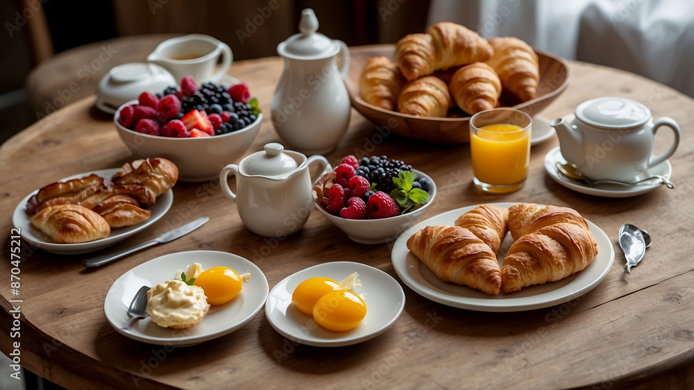 elegant breakfast spread laid out on a rustic wooden table. Include a variety of foods such as freshly baked croissants elegant breakfast spread laid out on a rustic wooden table. Include a variety of foods such as freshly baked croissants