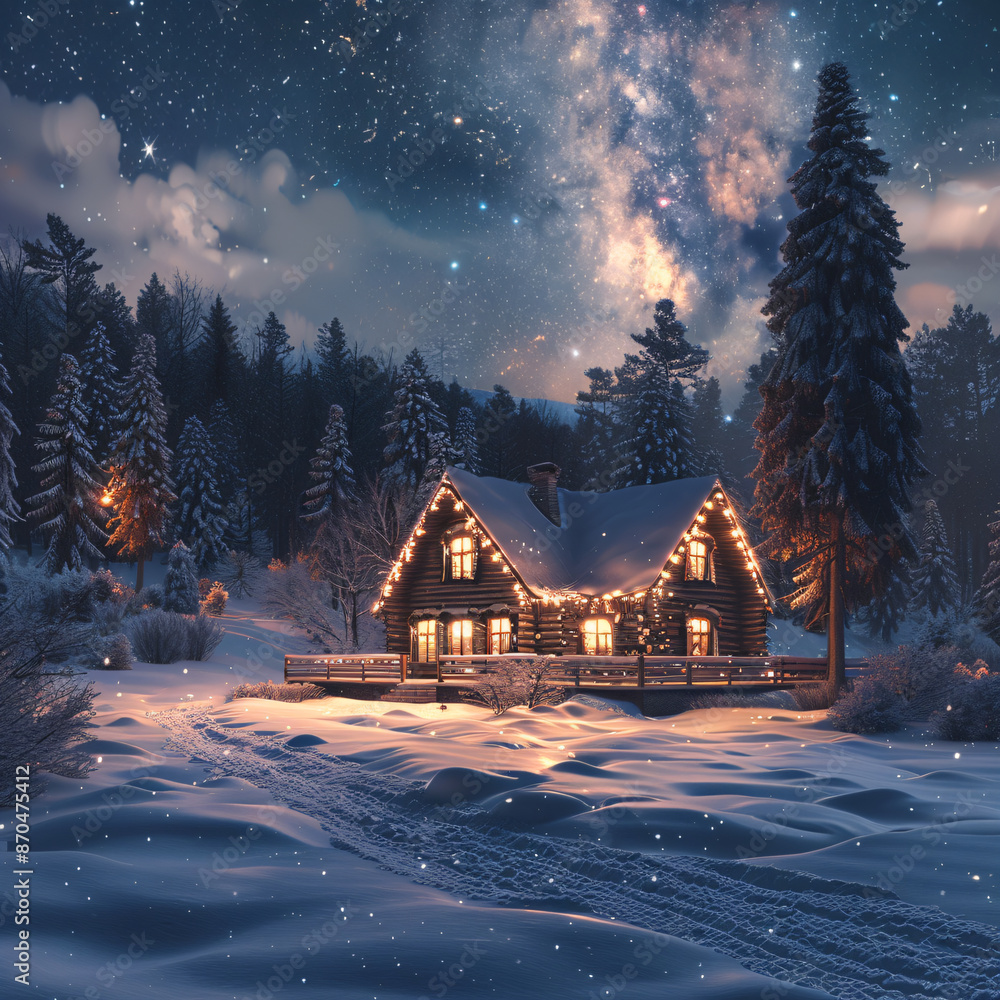 Charming log cabin surrounded by snow-covered trees under a starry sky, ideal for Christmas and winter-themed designs Charming log cabin surrounded by snow-covered trees under a starry sky, ideal for Christmas and winter-themed designs