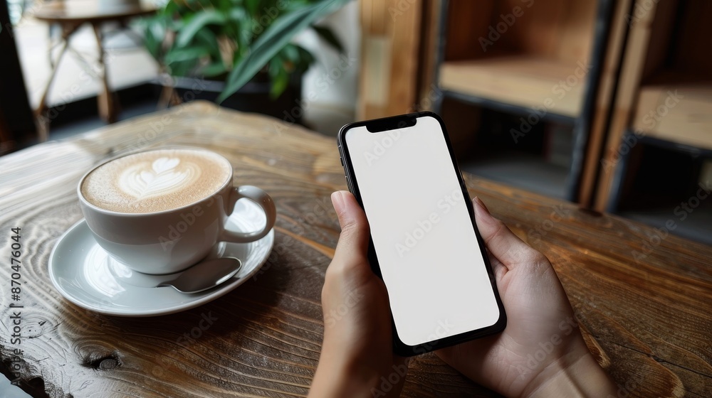 Closeup of female hand holding smartphone with blank white screen for text, mockup, app design, online marketing Closeup of female hand holding smartphone with blank white screen for text, mockup, app design, online marketing