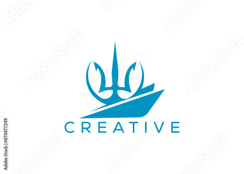 Minimal and professional vessel and a trident logo design template. Modern a trident and Ship logo