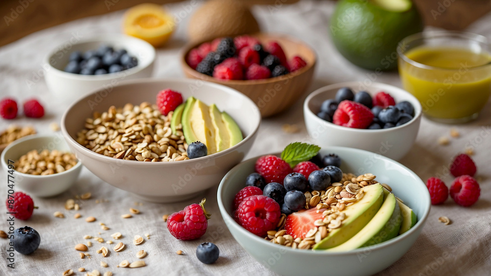 healthy breakfast spread featuring vibrant smoothie bowls topped with fresh berries, nuts, and seeds. Include whole grain toast with avocado slices healthy breakfast spread featuring vibrant smoothie bowls topped with fresh berries, nuts, and seeds. Include whole grain toast with avocado slices
