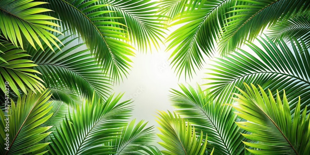 Fototapeta premium Palm leaves background with vibrant green foliage, tropical, nature, design, texture, backdrop, exotic, lush, foliage