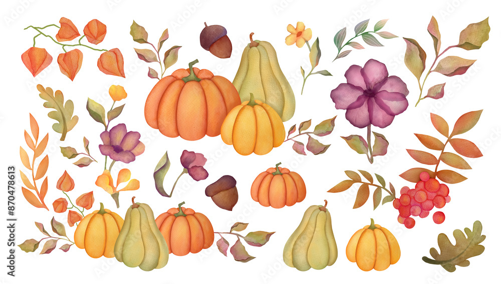 watercolor autumn set with pumpkins, leaves, winter cherry, red ripe rowan berries, mountain ash. autumn harvest collection. clip art and cut out elements watercolor autumn set with pumpkins, leaves, winter cherry, red ripe rowan berries, mountain ash. autumn harvest collection. clip art and cut out elements