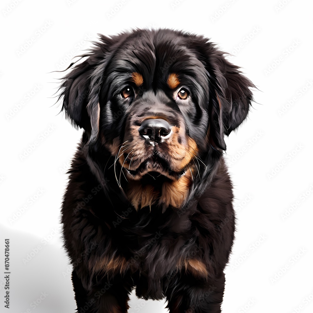 Tibetan mastiff dog breed standing against white background, AI Generated
