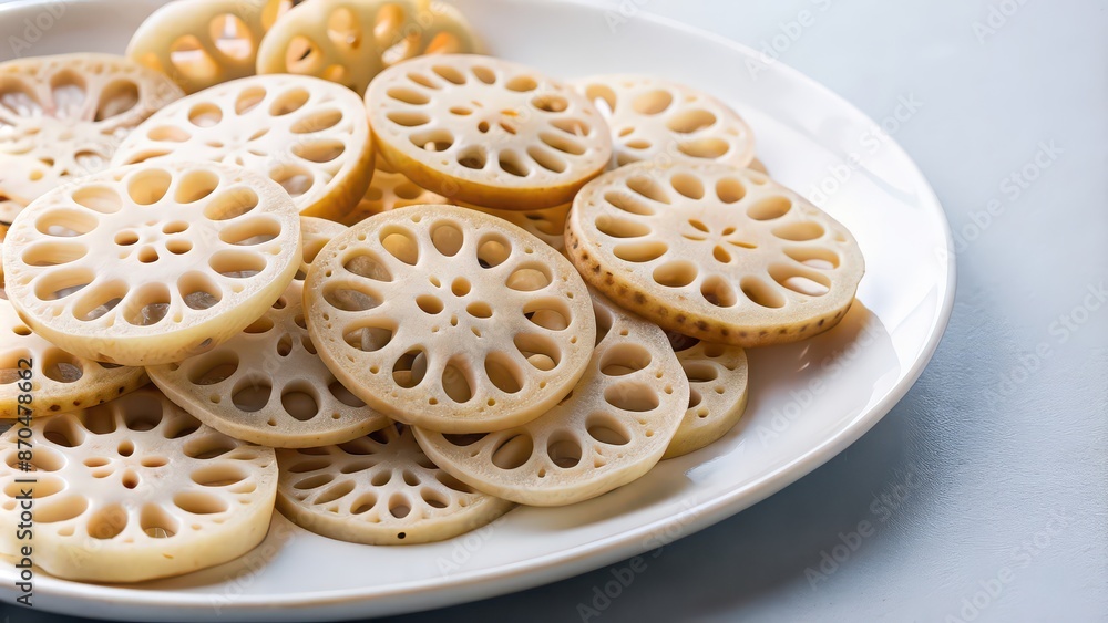 Close-up of lotus root slices arranged artistically on a white plate, lotus root, healthy, organic, vegetarian Close-up of lotus root slices arranged artistically on a white plate, lotus root, healthy, organic, vegetarian