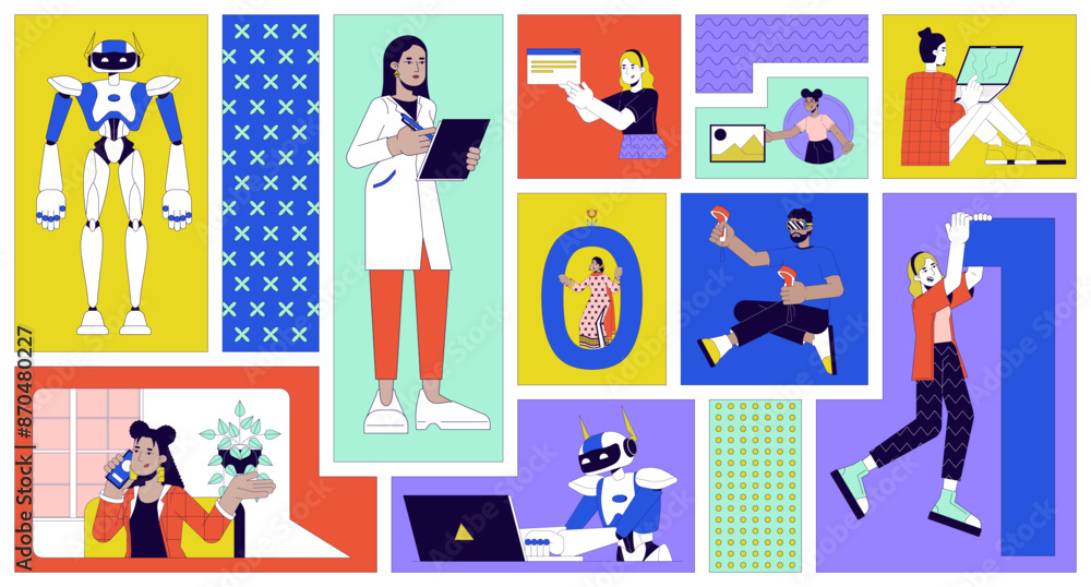 Software development people bento grid illustration set. Data scientist, programmers 2D vector image collage design graphics collection. Web developers multicultural flat characters moodboard layout Software development people bento grid illustration set. Data scientist, programmers 2D vector image collage design graphics collection. Web developers multicultural flat characters moodboard layout
