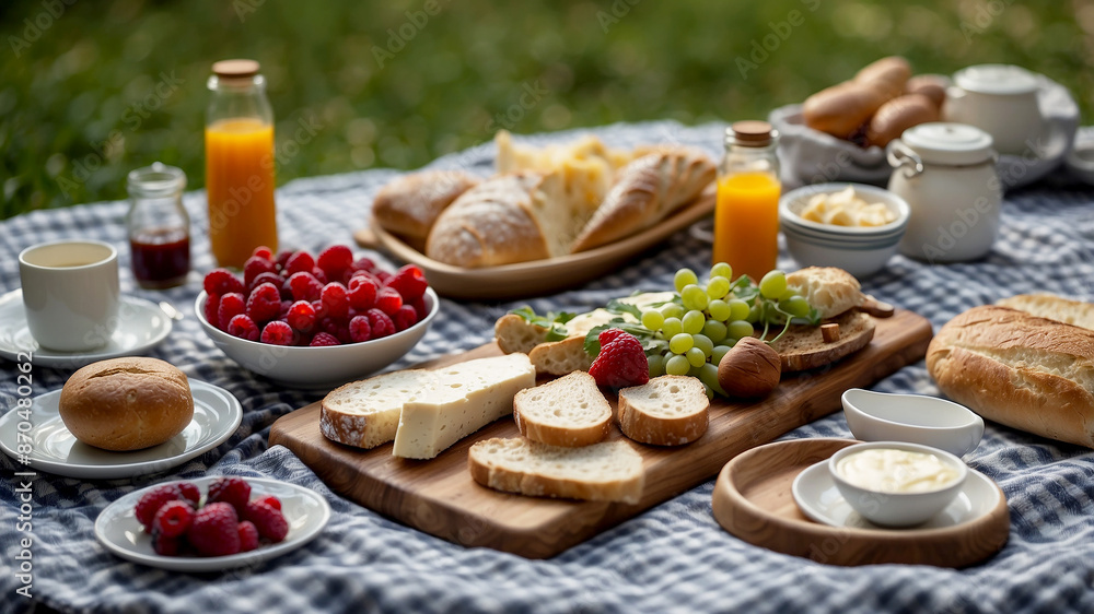 outdoor breakfast picnic spread on a checkered blanket in a sunny park. Include fresh baguettes, an assortment of cheeses outdoor breakfast picnic spread on a checkered blanket in a sunny park. Include fresh baguettes, an assortment of cheeses