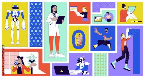 Software development people bento grid illustration set. Data scientist, programmers 2D vector image collage design graphics collection. Web developers multicultural flat characters moodboard layout