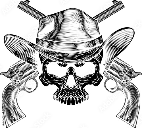 A cowboy grim reaper skull wearing a country or western style hat with pirate cross bones of guns or pistols old vintage revolvers