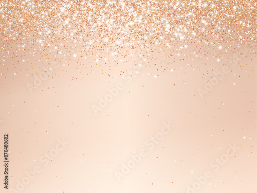 Rose gold bronze glitter lights background. Sparkling champaigne glittering rain effect. Celebration beige backdrop for Christmas and New Year, wedding, birthday party. Luxury frame, border. Vector.