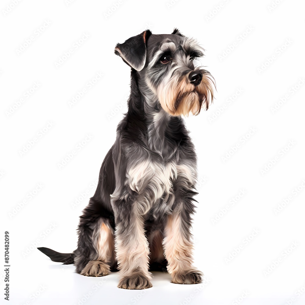 Standard schnauzer dog breed standing against white background, AI Generated Standard schnauzer dog breed standing against white background, AI Generated