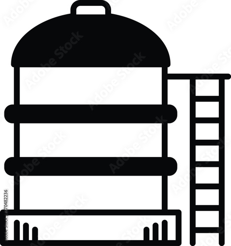 A black and white drawing of a large tank with a ladder leading up to it