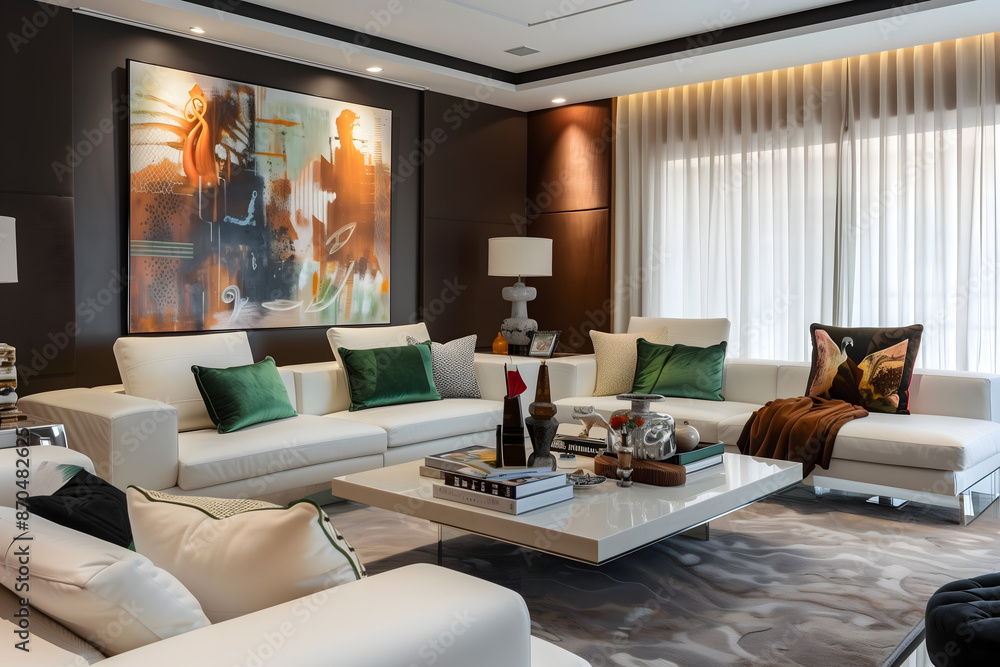 Fototapeta premium Large living room modern furniture white sofa green pillows coffee table dark brown walls abstract oil painting wall Interior Design Concept