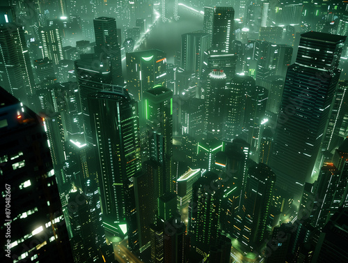 Cyberpunk City Skyline with Green and Blue Neon lights. Night scene with Visionary Superstructures 