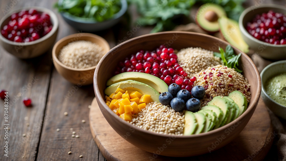 superfood bowl filled with vitamin-enriched ingredients. Include a mix of leafy greens, avocado slices, quinoa, pomegranate seeds, blueberries superfood bowl filled with vitamin-enriched ingredients. Include a mix of leafy greens, avocado slices, quinoa, pomegranate seeds, blueberries