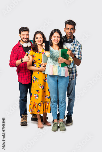 Photography Indian asian young college students using smartphone for video or selfie photogr
