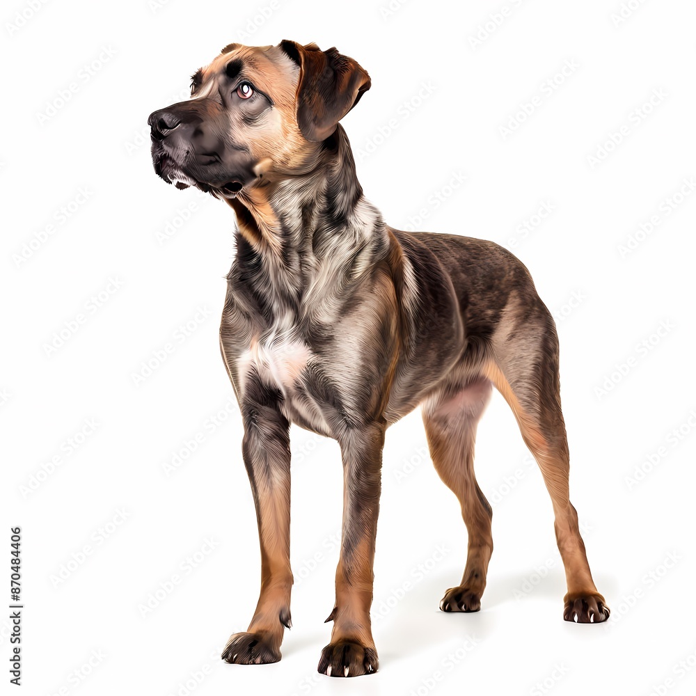 Treeing tennessee brindle dog breed standing against white background, AI Generated Treeing tennessee brindle dog breed standing against white background, AI Generated