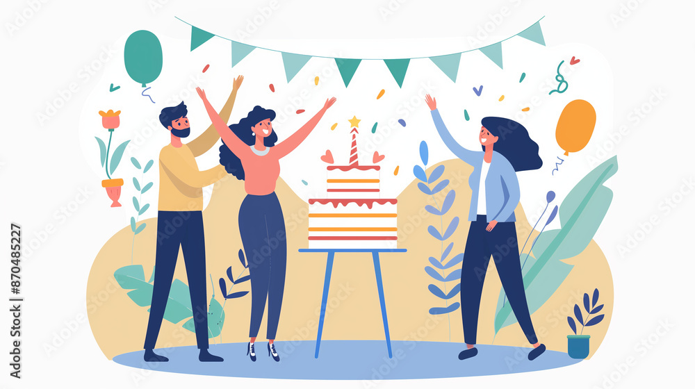 Colleagues celebrating a project completion with a cake , friends, hugging, flat illustration Colleagues celebrating a project completion with a cake , friends, hugging, flat illustration