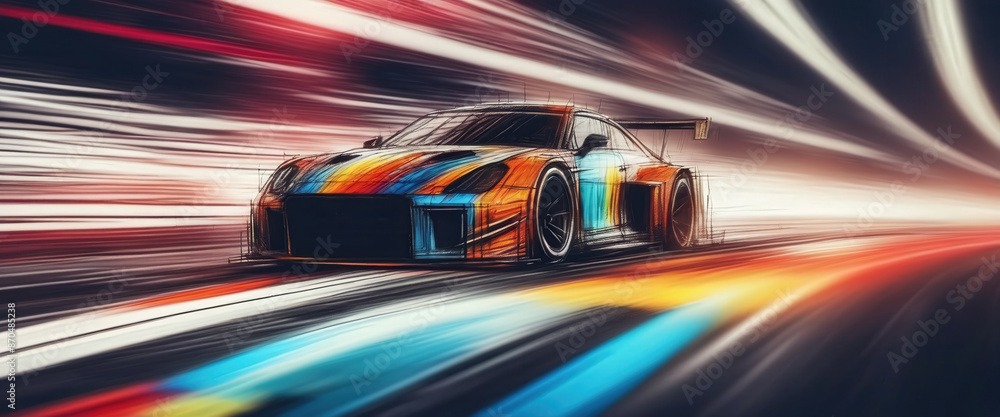 Graphic, colorful and very dynamic drawing of a racing car on the race track Graphic, colorful and very dynamic drawing of a racing car on the race track