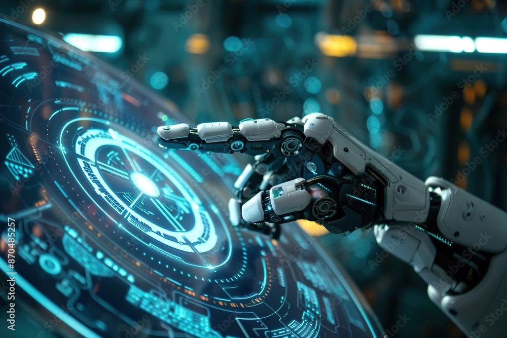Fototapeta premium Robot hand presses the button on a virtual holographic interface HUD. Ai Generative