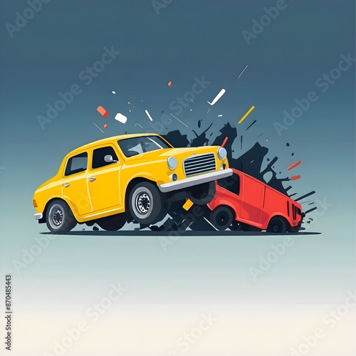 Collision Course: A yellow car veers off course, colliding with a red truck in a dynamic illustration of a car accident. 