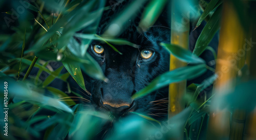 A panther with eyes peering through bamboo leaves, photographed at night.