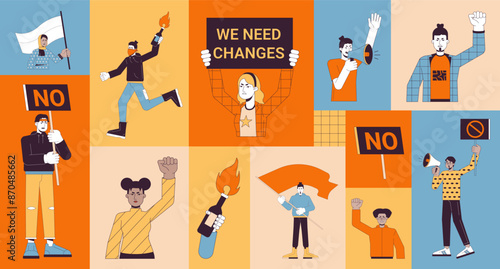 Protest demonstration bento grid illustration set. Free speech 2D vector image collage design graphics collection. Rebel activists diverse people with placards flat characters moodboard layout