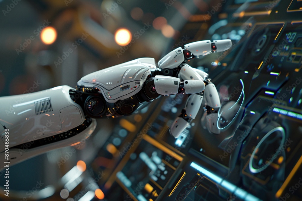 Fototapeta premium Robot hand presses the button on a virtual holographic interface HUD. Ai Generative