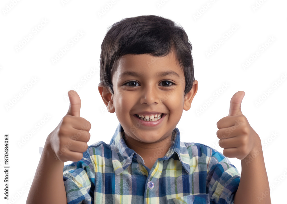 Indian kid smiling and showing thumbs up against a transparent background, wearing a shirt in a studio shot. Indian kid smiling and showing thumbs up against a transparent background, wearing a shirt in a studio shot.