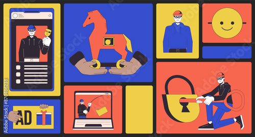 Cyber thefts bento grid illustration set. Steal scammers 2D vector image collage design graphics collection. Fraudster cyberattack. Hacker phishing, fraud identity flat characters moodboard layout
