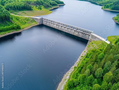 water dam aerial view from above, renewable energy 