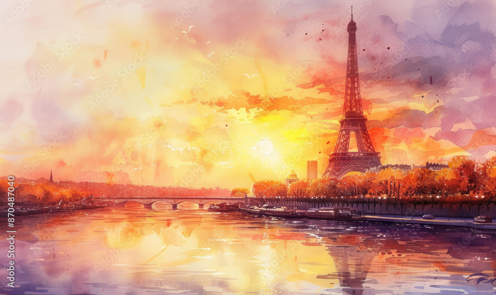 Obraz premium Watercolor The main attraction of Paris and all of Europe is the Eiffel tower in the rays of the setting sun on the bank of Seine river