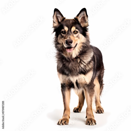 Tamaskan dog breed standing against white background, AI Generated