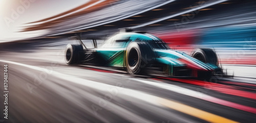 Graphic, colorful and very dynamic drawing of a racing car on the race track