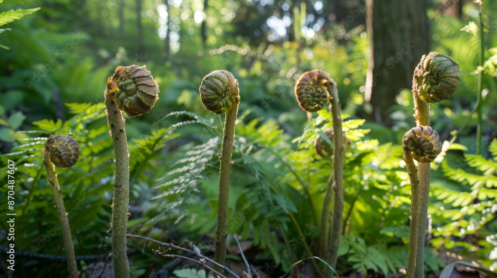 Ferns unfurl their delicate fronds, reaching towards the dappled sunlight that filters through the trees. Ferns unfurl their delicate fronds, reaching towards the dappled sunlight that filters through the trees.