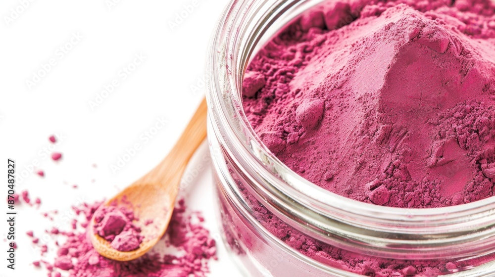 Vibrant Pink Powder in Glass Jar with Wooden Spoon Vibrant Pink Powder in Glass Jar with Wooden Spoon