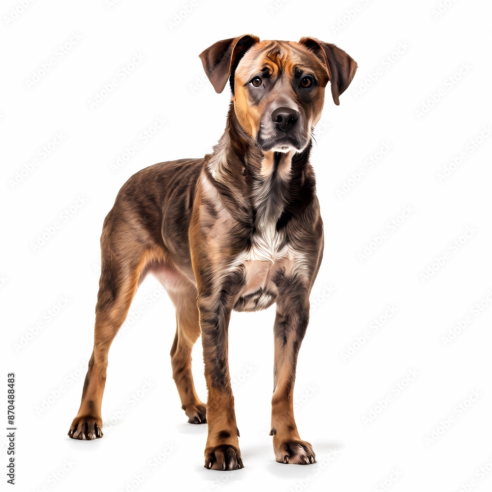 Treeing tennessee brindle dog breed standing against white background, AI Generated Treeing tennessee brindle dog breed standing against white background, AI Generated
