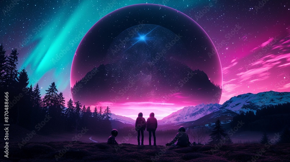 Family interacting with advanced robotics in a bioluminescent forest, with a nebula and a supernova in the sky, and the Aurora Borealis creating a magical ambiance, reminiscent of a fairy tale setting Family interacting with advanced robotics in a bioluminescent forest, with a nebula and a supernova in the sky, and the Aurora Borealis creating a magical ambiance, reminiscent of a fairy tale setting