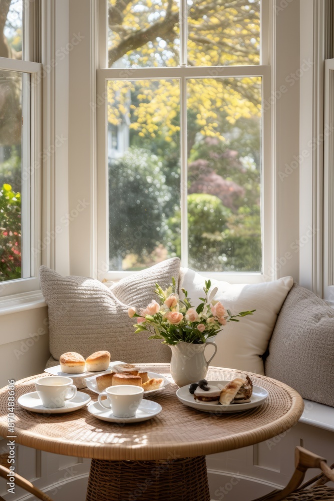 A table is set with two cups of coffee and a plate of food. The setting appears cozy and inviting, perfect for a morning meal or snack A table is set with two cups of coffee and a plate of food. The setting appears cozy and inviting, perfect for a morning meal or snack
