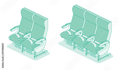 Isometric airplane seats. Economy class seats. Outline objects isolated on white background. Aircraft interior armchair.