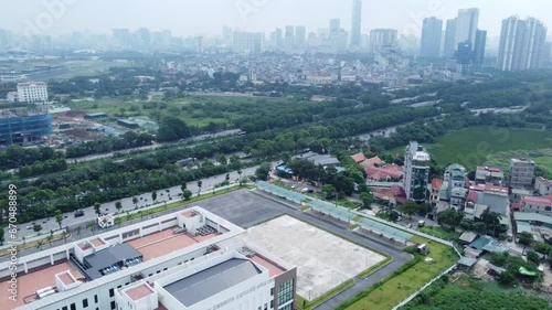 City's skyline and highway traffic in suburban, Hanoi, Vietnam