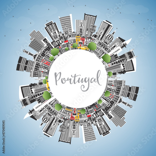 Portugal. City Skyline with Gray Buildings, Blue Sky and Copy Space. Concept with Modern and Historic Architecture. Portugal Cityscape with Landmarks. Porto and Lisbon.