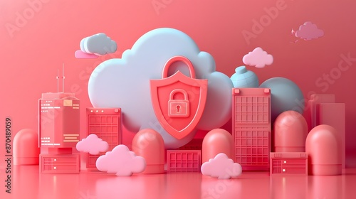 Fototapeta Naklejka Na Ścianę i Meble -  3D illustration of a cloud computing security concept with a lock icon and various buildings and cloud elements in the background.