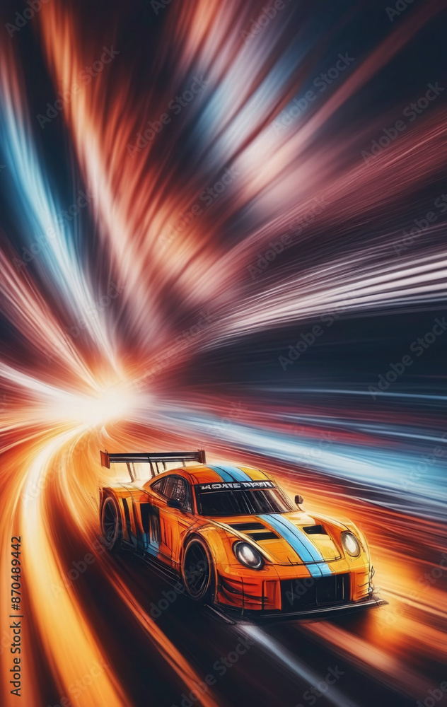 Naklejka premium Graphic, colorful and very dynamic drawing of a racing car on the race track