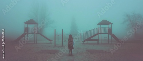 Ghostly child standing in a foggy playground, soft lighting, Realistic, Photography, Spooky and melancholic