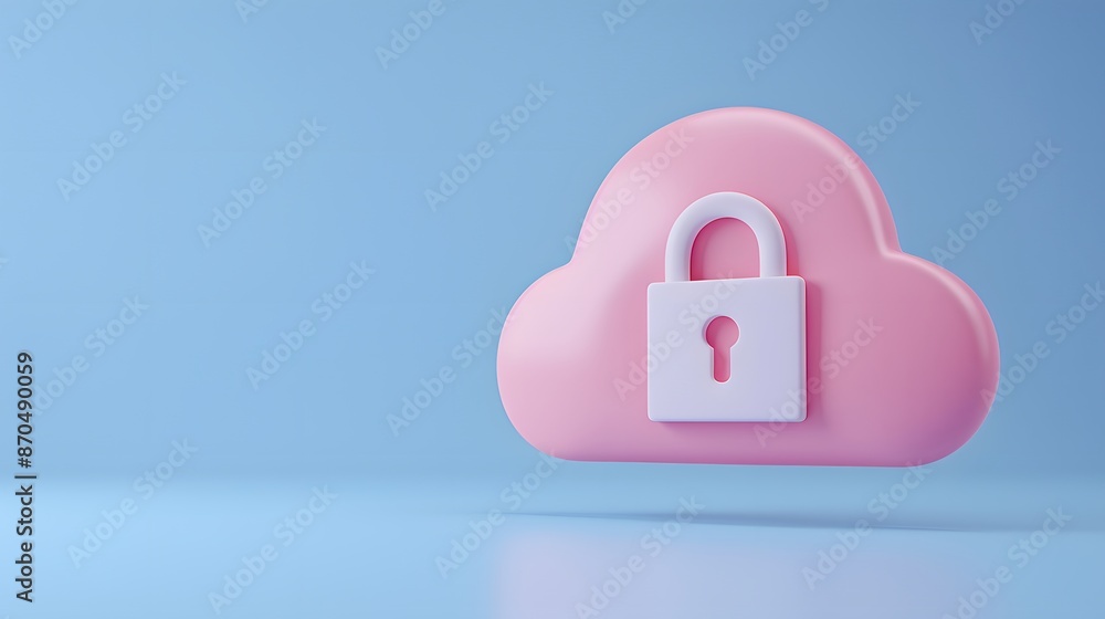 3D illustration of a pink cloud with a lock symbol on a blue background, representing cloud security and data protection. 3D illustration of a pink cloud with a lock symbol on a blue background, representing cloud security and data protection.