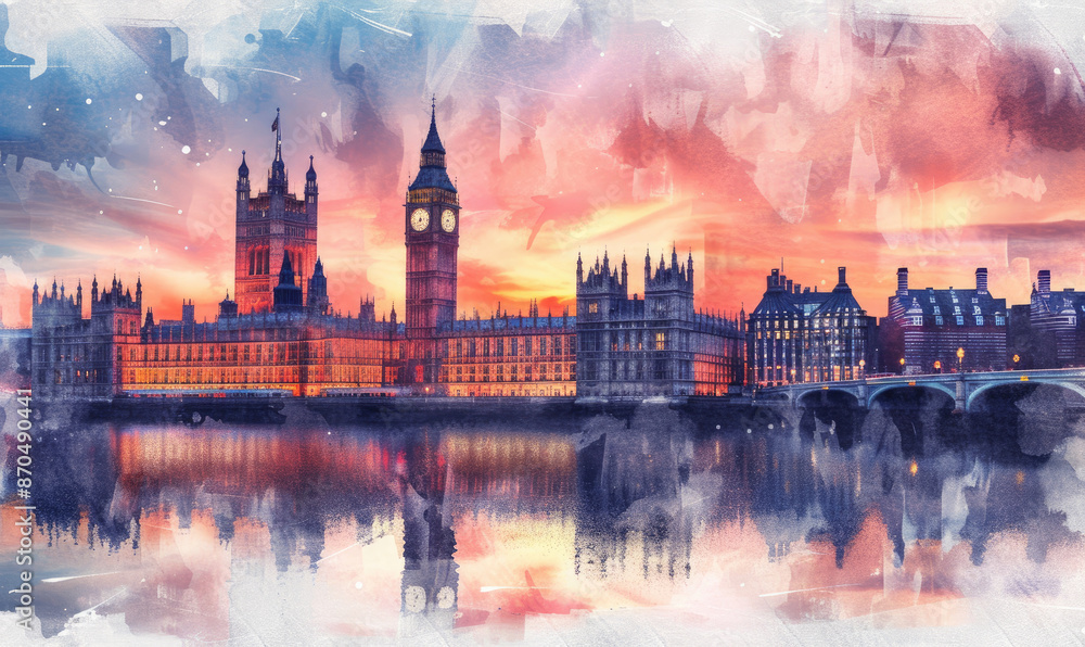 Fototapeta premium Watercolor London cityscape with Houses of Parliament and Big Ben tower at sunset, UK