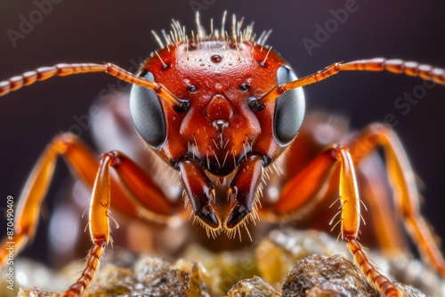 Detailed macro shot of a red insect perched on a rock, showcasing the vibrant colors and textures of the creature and its surroundings © Vit