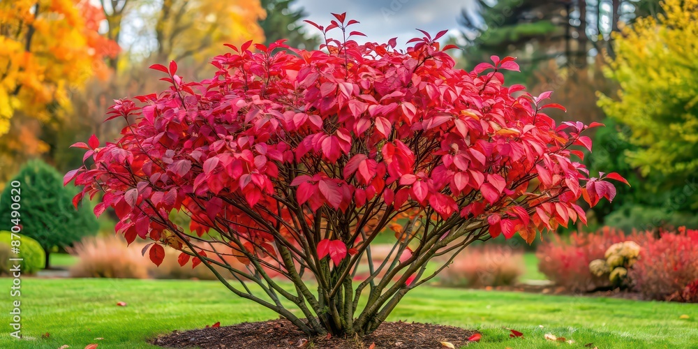 Cornus bush with vibrant red leaves growing in a peaceful park setting, Cornus, bush, plant, red, leaves, vibrant, park Cornus bush with vibrant red leaves growing in a peaceful park setting, Cornus, bush, plant, red, leaves, vibrant, park